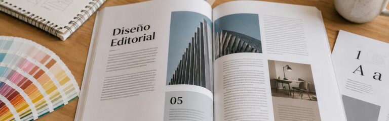 Diseño editorial con revista maquetada y materiales de diseño gráfico sobre escritorio creativo profesional.