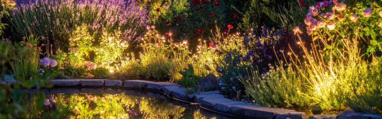 Iluminación de jardines con focos LED en sendero exterior.